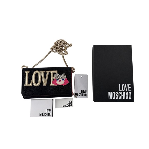 LOVE MOSCHINO Black Faux Leather Chain Wallet Crossbody Bag with Charm